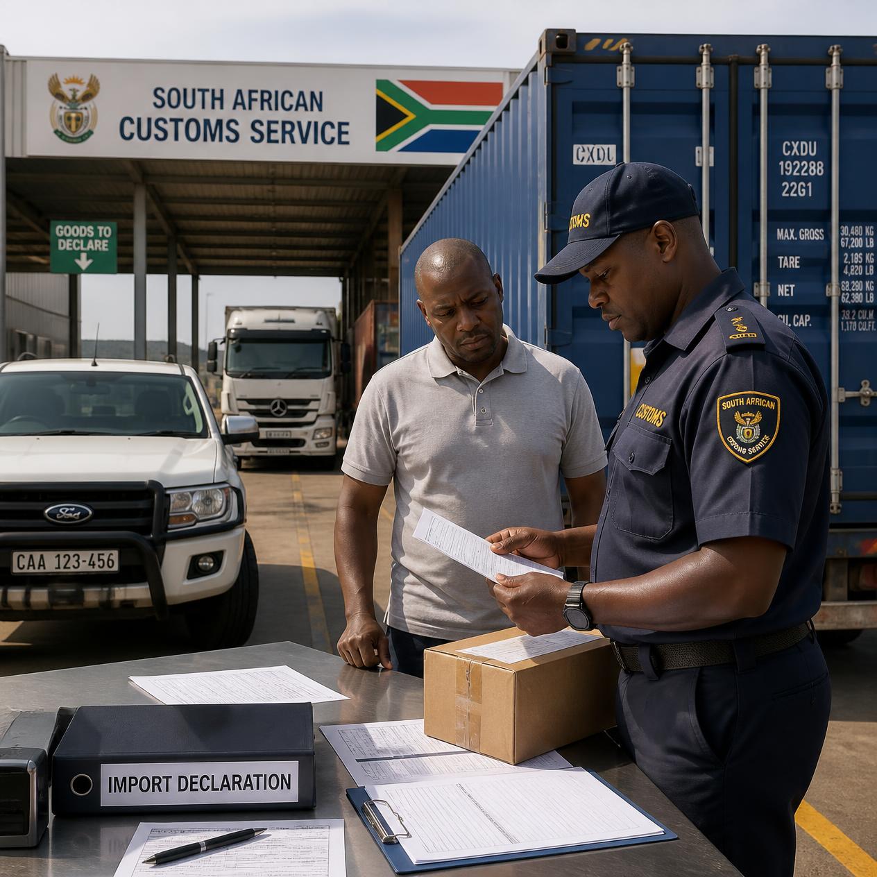 Customs agents verifying documentation at entry port