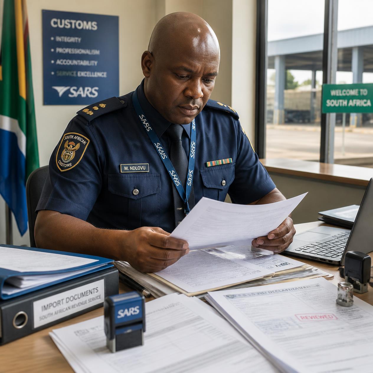 SARS customs official reviewing and approving properly prepared customs documents