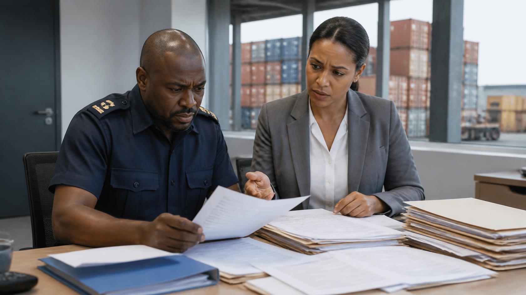 Customs official and importer reviewing missing
