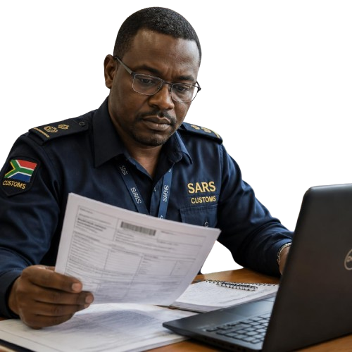 Clearing agent reviewing customs documentation for an import shipment